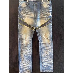 Diamond Stash‎ Moto Jeans Distressed Blue Denim Biker Style Pants Size 38